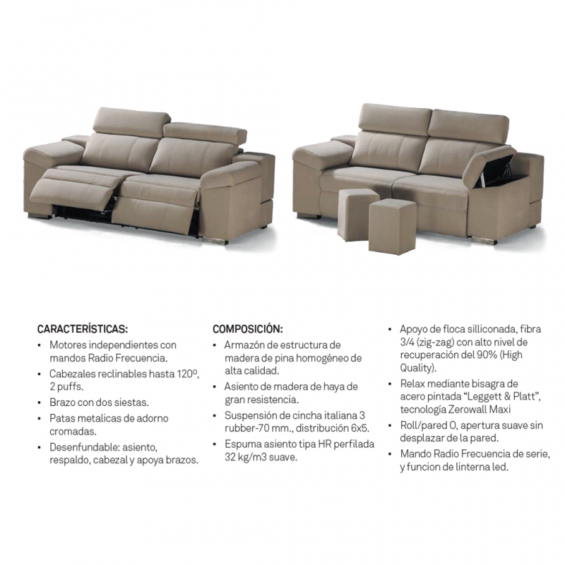 Sofá Relax con Motor a Medida, con pouf y cabezales basculantes